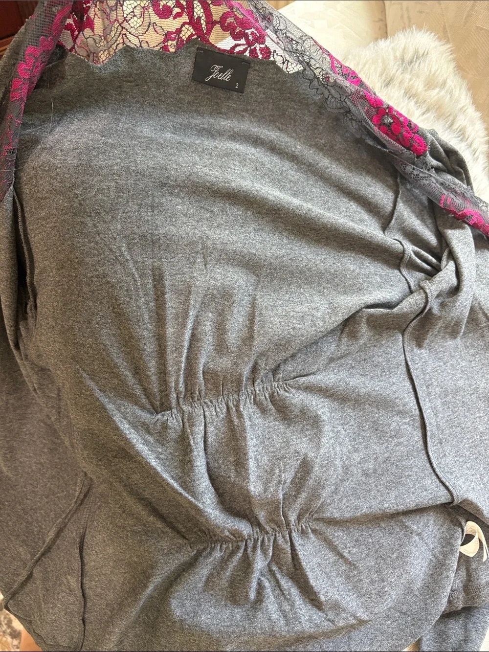 Joelle by La Perla Charcoal Lace-pink Trim Wrap Lounge Top tie side stretchy S